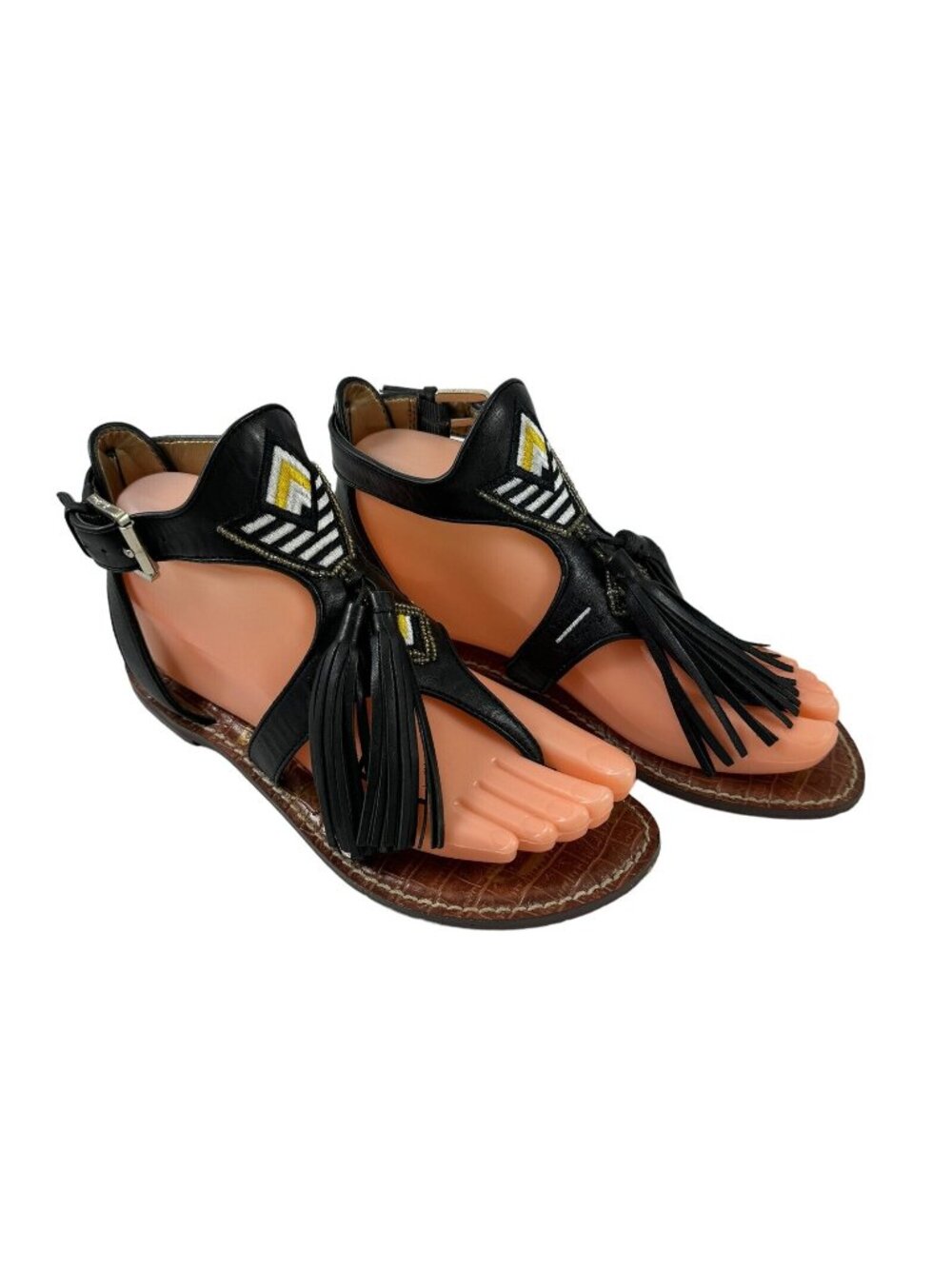 Sam Edelman Giblin Sandals Shoes Size 6 Black Leather Fringe Embroidery Tassels